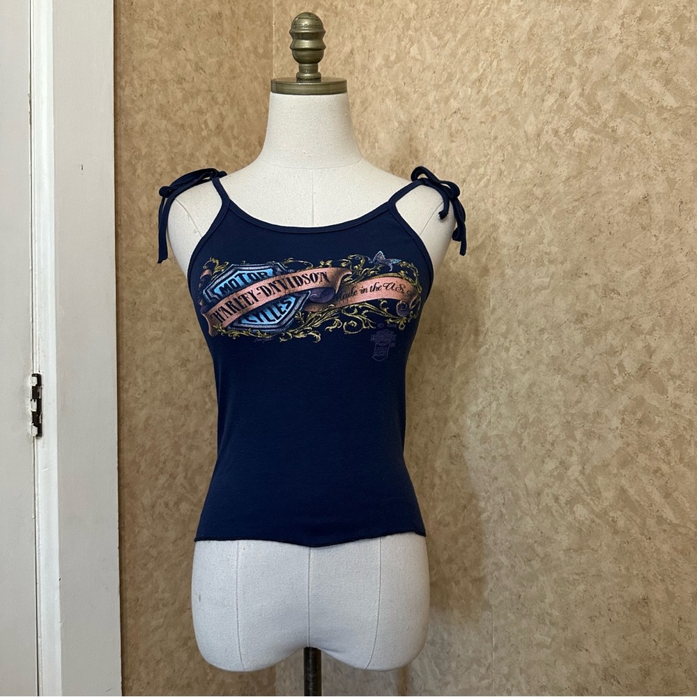 VTG 1985 80s Harley-Davidson Women's Navy blue Graphic Tie Strap Cropped Top